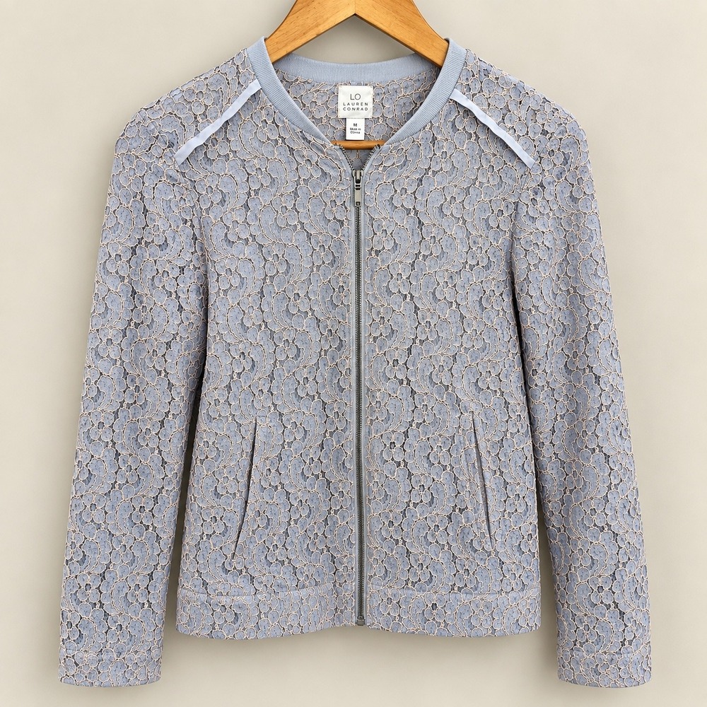 LC Lauren Conrad Blue Floral Lace Bomber Jacket Size 10 Full Zip Lined Feminine